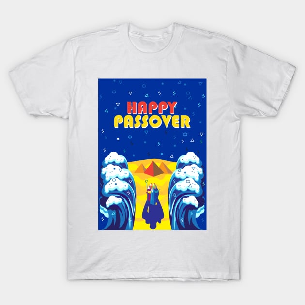 Passover Exodus from Egypt Hebrew: "Happy Passover!" Pesach Jewish Holiday poster. Moses parting the Red Sea, Israelites cross on dry ground. Poster Contemporary ART gifts idea T-Shirt by sofiartmedia